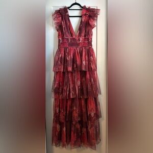 Women's Lace & Beads Red Tiered Floral Tulle Dress